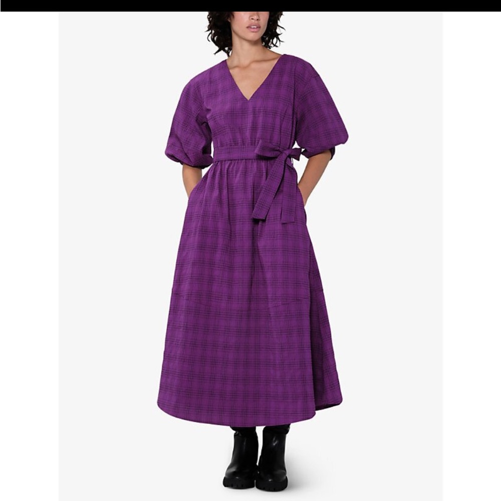 New Aligne.Co Gypseen orchid check v-neck puff sleeve midi dress
